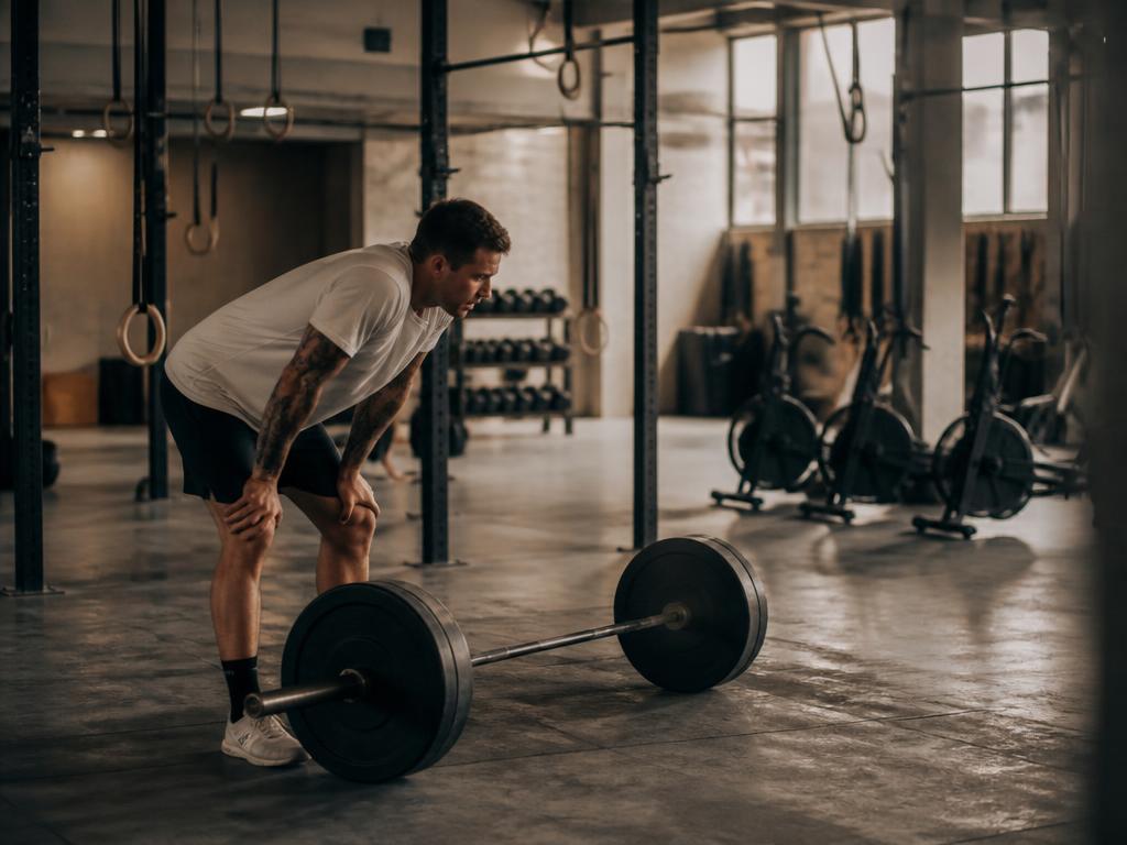 Athlet nach dem WOD neben der Langhantel in einer CrossFit-Box
