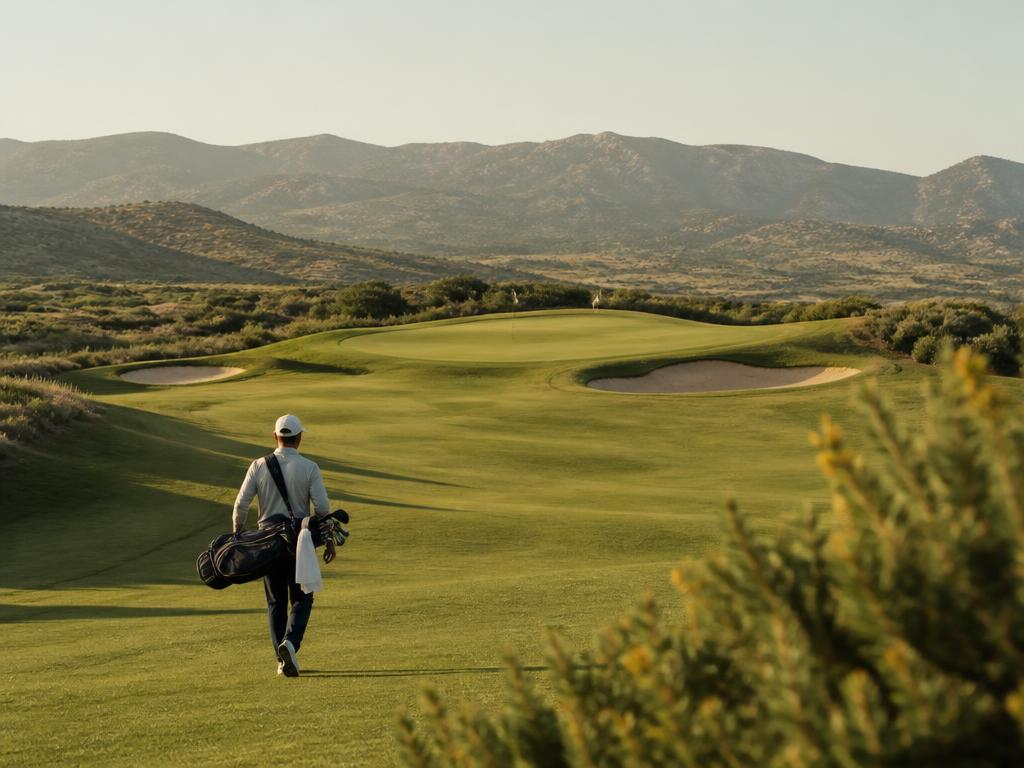 Golfer mit Bag auf dem Fairway einer Golfanlage
